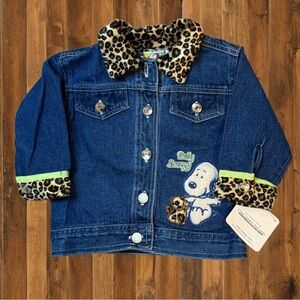 🐾 Vintage Baby Snoopy Denim Jacket – 12M – Leopard Trim – Adorable! 🐾